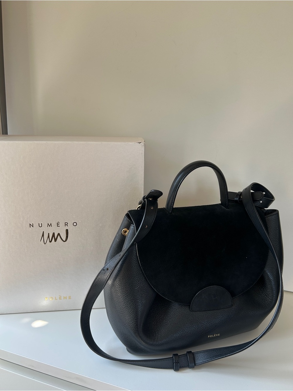 Polène Numéro Un Edition Large Black Leather Top Handle Crossbody Bag